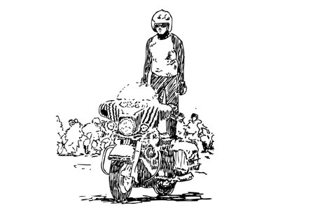 Police woman, Standing at Big Bike, Vector Manual Hand Draw Sketch &#xA;のイラスト素材