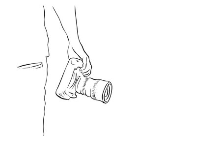 man or Woman Photographer holding dlsr, tele lens attatched, simple vector manual hand draw sketch
のイラスト素材