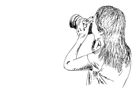 Woman Photographer Take a Picture, using dlsr, tele lens attatched, simple vector manual hand draw sketch&#xA;のイラスト素材