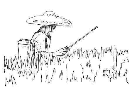 Vector Manual Draw Sketch, Working Farmer at farm&#xA;のイラスト素材