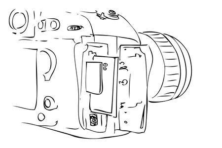 Outline Manual Hand Draw Sketch DSLR, View From Back and memory card, Isolated on White &#xA;のイラスト素材