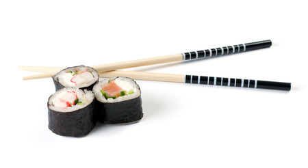 Sushi and chopsticks isolated on a white backgroundの写真素材