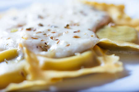 Close-up of ravioli fresh pasta dish with cheese sauce and oregano served on a white plateの写真素材