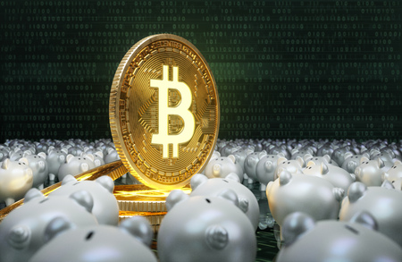 Golden bitcoin surrounded by piggy bank concept. Crypto currency minimal background digital designの写真素材