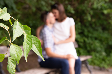 Loving couple kisses on a bench in the parkの写真素材