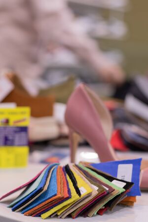 Womens shoes on shelves. Collection of shoe display in store window for sale. New colorful footwear with high heel on racks in shopping mallの写真素材