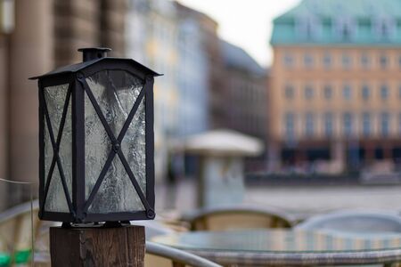 A street light in front of old street, old town square Empty during the COVID-19 quarantineの写真素材
