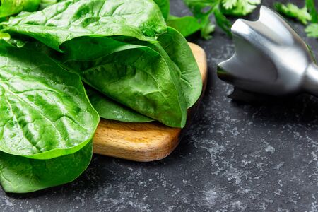 Cooking vegetarian spinach pancakes. Ingredients on the table dill, blender, spinach leaves on wooden board.の写真素材