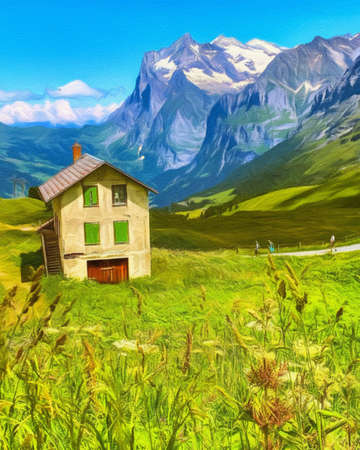 Watercolor and pastel drawing nature landscape, popular travel and touristic place, canvas texture on background, trend print for poster, textile or canvas. Modern fine arts design wallpaper. Wall artの写真素材