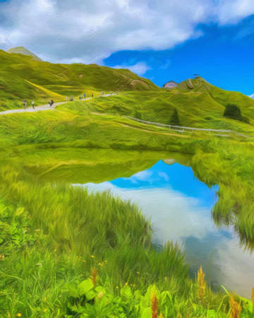 Watercolor and pastel drawing nature landscape, popular travel and touristic place, canvas texture on background, trend print for poster, textile or canvas. Modern fine arts design wallpaper. Wall artの写真素材