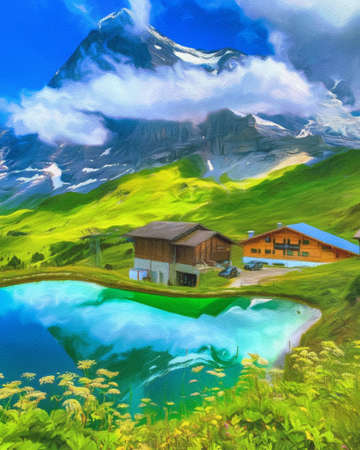 Watercolor and pastel drawing nature landscape, popular travel and touristic place, canvas texture on background, trend print for poster, textile or canvas. Modern fine arts design wallpaper. Wall artの写真素材