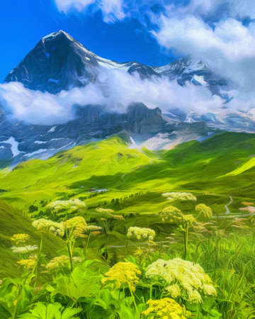 Watercolor and pastel drawing nature landscape, popular travel and touristic place, canvas texture on background, trend print for poster, textile or canvas. Modern fine arts design wallpaper. Wall artの写真素材