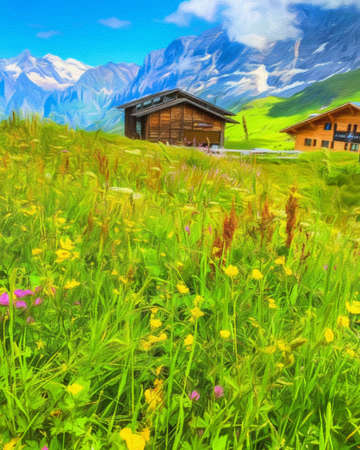 Watercolor and pastel drawing nature landscape, popular travel and touristic place, canvas texture on background, trend print for poster, textile or canvas. Modern fine arts design wallpaper. Wall artの写真素材