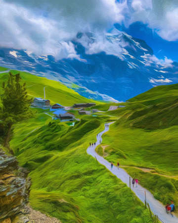 Watercolor and pastel drawing nature landscape, popular travel and touristic place, canvas texture on background, trend print for poster, textile or canvas. Modern fine arts design wallpaper. Wall artの写真素材