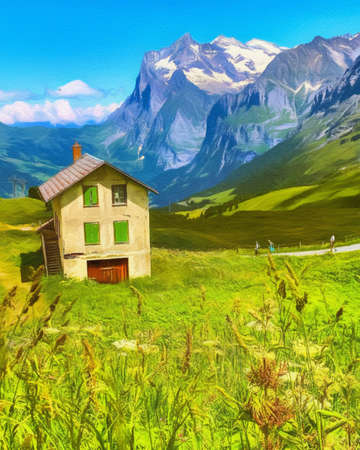 Watercolor and pastel drawing nature landscape, popular travel and touristic place, canvas texture on background, trend print for poster, textile or canvas. Modern fine arts design wallpaper. Wall artの写真素材