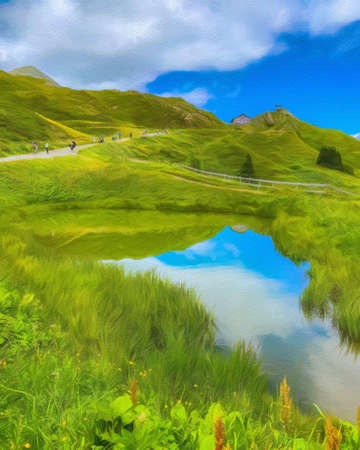 Watercolor and pastel drawing nature landscape, popular travel and touristic place, canvas texture on background, trend print for poster, textile or canvas. Modern fine arts design wallpaper. Wall artの写真素材