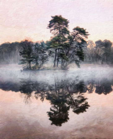 Watercolor and pastel drawing Finland  nature landscape, mystical foggy forest, autumn trees trend popular print for poster, textile or canvas. Modern fine arts design wallpaper. Wall art oil paintingの写真素材