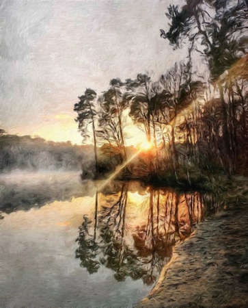 Watercolor and pastel drawing Finland  nature landscape, mystical foggy forest, autumn trees trend popular print for poster, textile or canvas. Modern fine arts design wallpaper. Wall art oil paintingの写真素材