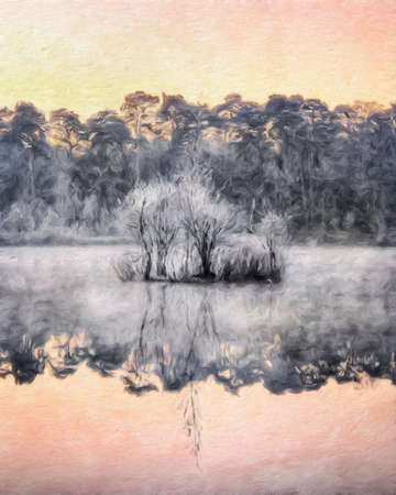 Watercolor and pastel drawing Finland  nature landscape, mystical foggy forest, autumn trees trend popular print for poster, textile or canvas. Modern fine arts design wallpaper. Wall art oil paintingの写真素材