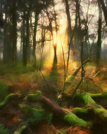 Watercolor and pastel drawing Finland  nature landscape, mystical foggy forest, autumn trees trend popular print for poster, textile or canvas. Modern fine arts design wallpaper. Wall art oil paintingの写真素材