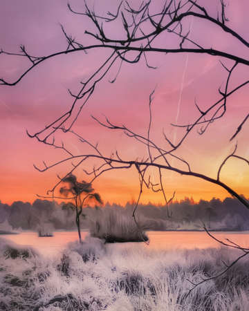 Watercolor and pastel drawing Finland  nature landscape, mystical foggy forest, autumn trees trend popular print for poster, textile or canvas. Modern fine arts design wallpaper. Wall art oil paintingの写真素材