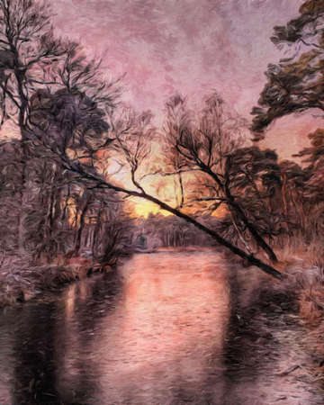 Watercolor and pastel drawing Finland  nature landscape, mystical foggy forest, autumn trees trend popular print for poster, textile or canvas. Modern fine arts design wallpaper. Wall art oil paintingの写真素材