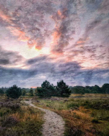 Watercolor and pastel drawing Finland  nature landscape, mystical foggy forest, autumn trees trend popular print for poster, textile or canvas. Modern fine arts design wallpaper. Wall art oil paintingの写真素材