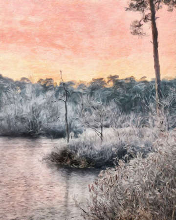 Watercolor and pastel drawing Finland  nature landscape, mystical foggy forest, autumn trees trend popular print for poster, textile or canvas. Modern fine arts design wallpaper. Wall art oil paintingの写真素材