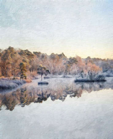 Watercolor and pastel drawing Finland  nature landscape, mystical foggy forest, autumn trees trend popular print for poster, textile or canvas. Modern fine arts design wallpaper. Wall art oil paintingの写真素材