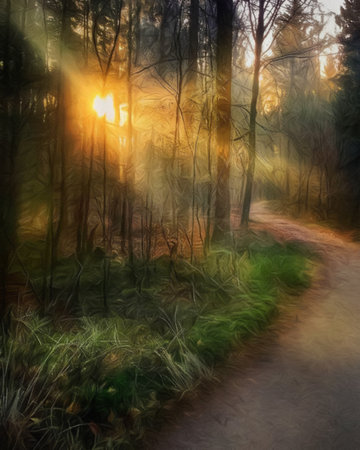 Watercolor and pastel drawing Finland  nature landscape, mystical foggy forest, autumn trees trend popular print for poster, textile or canvas. Modern fine arts design wallpaper. Wall art oil paintingの写真素材