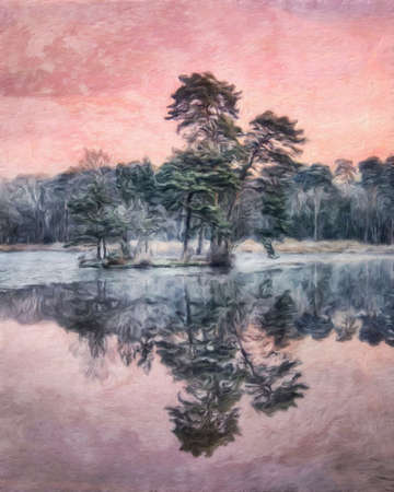 Watercolor and pastel drawing Finland  nature landscape, mystical foggy forest, autumn trees trend popular print for poster, textile or canvas. Modern fine arts design wallpaper. Wall art oil paintingの写真素材
