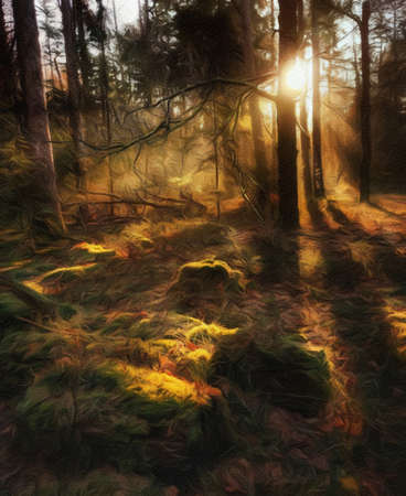 Watercolor and pastel drawing Finland  nature landscape, mystical foggy forest, autumn trees trend popular print for poster, textile or canvas. Modern fine arts design wallpaper. Wall art oil paintingの写真素材