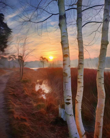 Watercolor and pastel drawing Finland  nature landscape, mystical foggy forest, autumn trees trend popular print for poster, textile or canvas. Modern fine arts design wallpaper. Wall art oil paintingの写真素材