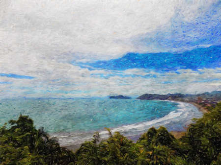 Watercolor and pastel drawing nature landscape, tropical travel and touristic place, Seychelles island vacation, trend print for poster, textile or canvas. Modern fine arts design wallpaper. Wall artの写真素材