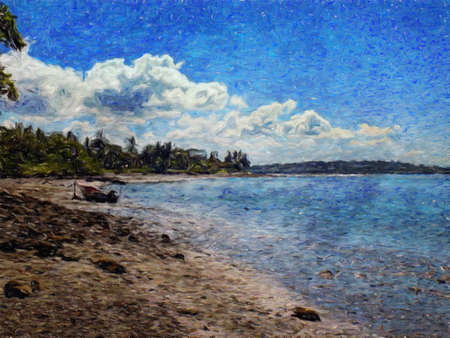 Watercolor and pastel drawing nature landscape, tropical travel and touristic place, Seychelles island vacation, trend print for poster, textile or canvas. Modern fine arts design wallpaper. Wall artの写真素材