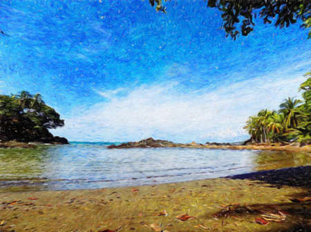 Watercolor and pastel drawing nature landscape, tropical travel and touristic place, Seychelles island vacation, trend print for poster, textile or canvas. Modern fine arts design wallpaper. Wall artの写真素材