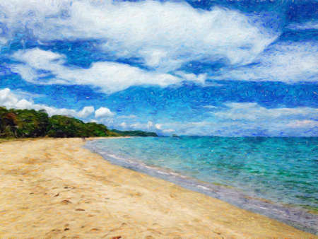 Watercolor and pastel drawing nature landscape, tropical travel and touristic place, Seychelles island vacation, trend print for poster, textile or canvas. Modern fine arts design wallpaper. Wall artの写真素材