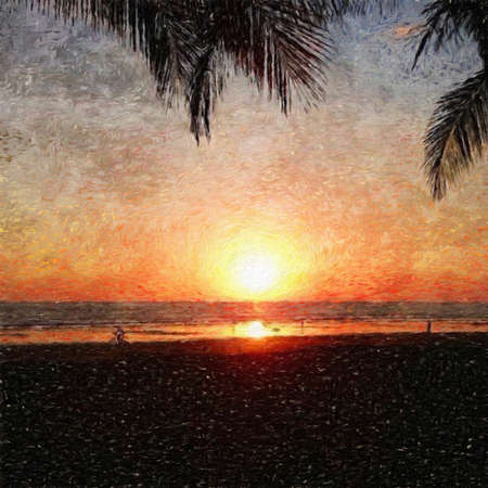 Watercolor and pastel drawing nature landscape, tropical travel and touristic place, Seychelles island vacation, trend print for poster, textile or canvas. Modern fine arts design wallpaper. Wall artの写真素材