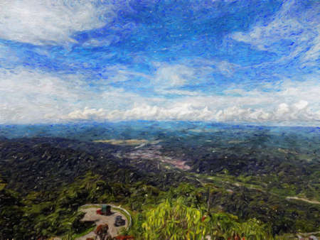 Watercolor and pastel drawing nature landscape, tropical travel and touristic place, Seychelles island vacation, trend print for poster, textile or canvas. Modern fine arts design wallpaper. Wall artの写真素材