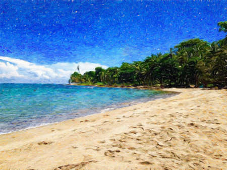 Watercolor and pastel drawing nature landscape, tropical travel and touristic place, Seychelles island vacation, trend print for poster, textile or canvas. Modern fine arts design wallpaper. Wall artの写真素材
