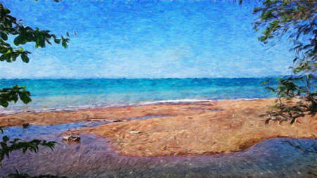 Watercolor and pastel drawing nature landscape, tropical travel and touristic place, Seychelles island vacation, trend print for poster, textile or canvas. Modern fine arts design wallpaper. Wall artの写真素材