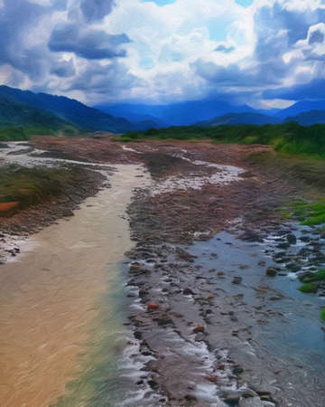 Watercolor and pastel drawing nature landscape, tropical travel and touristic place, Seychelles island vacation, trend print for poster, textile or canvas. Modern fine arts design wallpaper. Wall artの写真素材