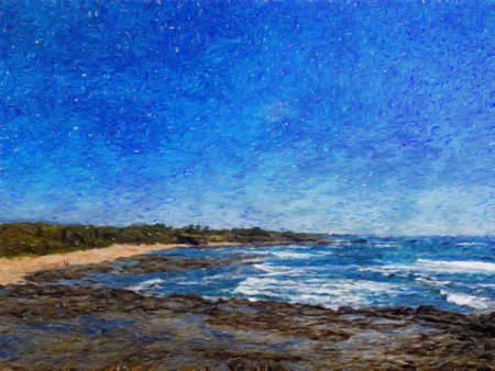 Watercolor and pastel drawing nature landscape, tropical travel and touristic place, Seychelles island vacation, trend print for poster, textile or canvas. Modern fine arts design wallpaper. Wall artの写真素材