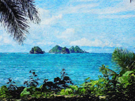 Watercolor and pastel drawing nature landscape, tropical travel and touristic place, Seychelles island vacation, trend print for poster, textile or canvas. Modern fine arts design wallpaper. Wall artの写真素材