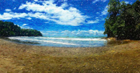 Watercolor and pastel drawing nature landscape, tropical travel and touristic place, Seychelles island vacation, trend print for poster, textile or canvas. Modern fine arts design wallpaper. Wall artの写真素材