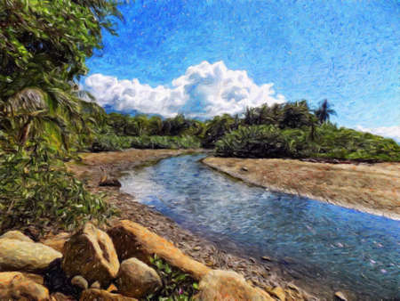 Watercolor and pastel drawing nature landscape, tropical travel and touristic place, Seychelles...