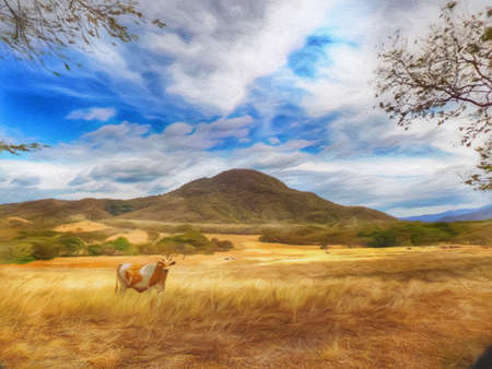 Watercolor and pastel drawing nature landscape, tropical travel and touristic place, Seychelles island vacation, trend print for poster, textile or canvas. Modern fine arts design wallpaper. Wall artの写真素材