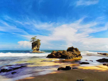 Watercolor and pastel drawing nature landscape, tropical travel and touristic place, Seychelles island vacation, trend print for poster, textile or canvas. Modern fine arts design wallpaper. Wall artの写真素材