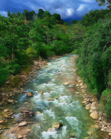 Watercolor and pastel drawing nature landscape, tropical travel and touristic place, Seychelles island vacation, trend print for poster, textile or canvas. Modern fine arts design wallpaper. Wall artの写真素材