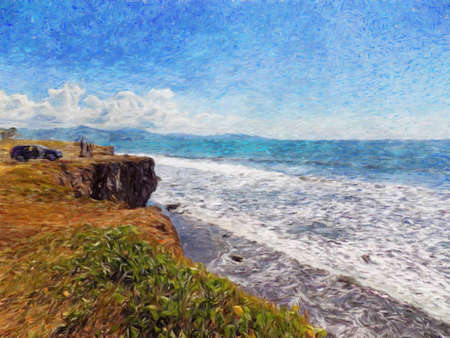 Watercolor and pastel drawing nature landscape, tropical travel and touristic place, Seychelles island vacation, trend print for poster, textile or canvas. Modern fine arts design wallpaper. Wall artの写真素材